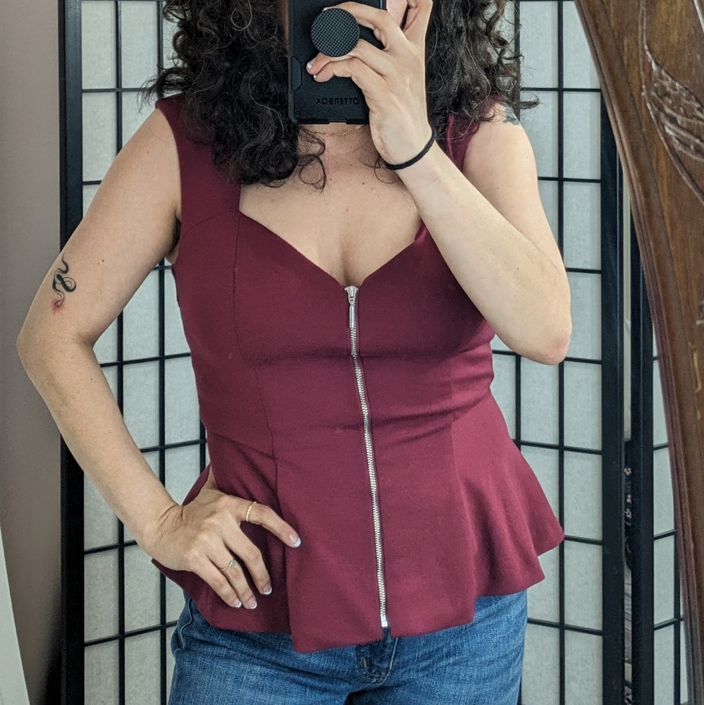 GUESS Maroon Peplum Top, Zip Front / Lace Back